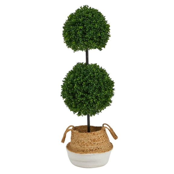 Nearly Natural 3.5' Boxwood Double Ball Topiary Artificial Tree in Woven Planter