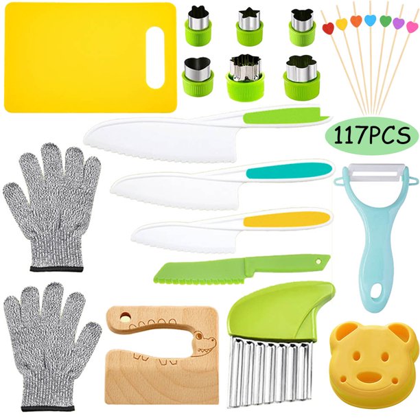 Kids Knife for Real Cooking, 117Pieces Wooden Kids Kitchen Knife Set Include 4 Serrated Edges