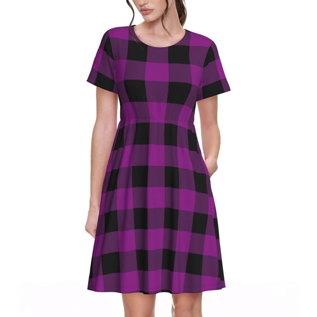 Disketp Purple Black Plaid para Vestido de Manga Corta para Mujeres, Vestidos de Verano para Mujeres, Casual y Holgado para la Playa
