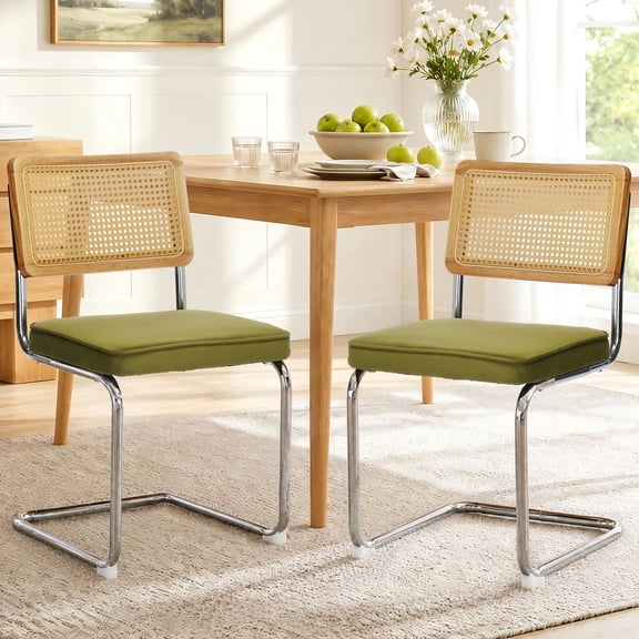 Dining Chairs Set of 2, Velvet Upholstered Kitchen Chairs Dining Chairs, PAPROOS Rattan Dining Room Chairs Set with Cane Back & Stainless Steel Chrome Legs, for Kitchen Dining Room, Olive Green
