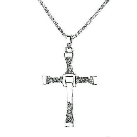 Sterling Silver Genuine Rhinestone Cz Fast And Furious 7 Cross Charm Pendant Necklace For Men
