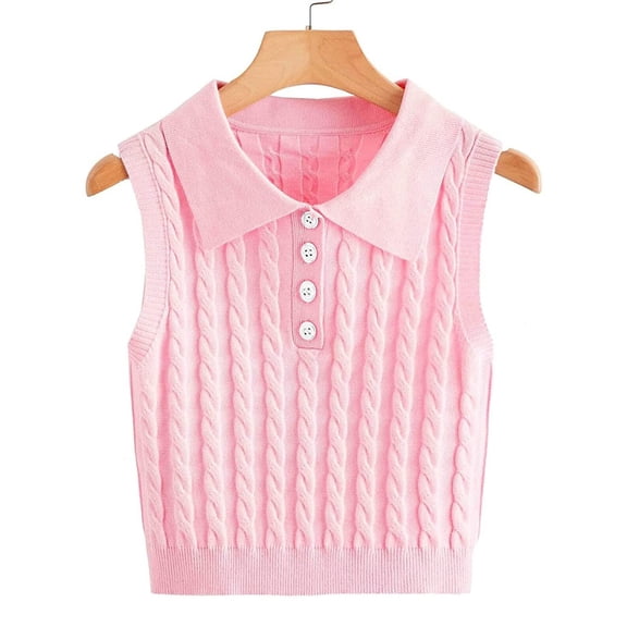 Hogleaql Women's Sweater Vest Lapel button Casual Sleeveless V Neck Cable Knit Sweaters Fashion Loose Fit Pullover Insulated Fall for Fall Winter Pink XL