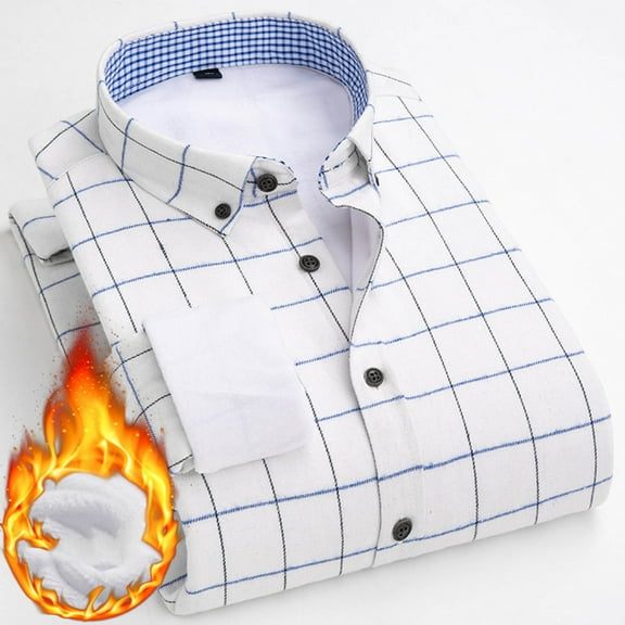 PiGOGI Men Long Sleeves Winter Warm Shirts Thick Cotton Lapel Casual Plaid Shirts White XL