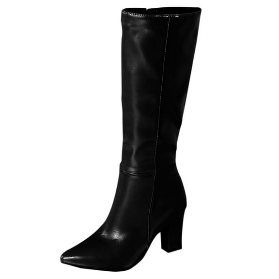 W-114 Black Ladies Comfortable Long Boots Chunky Heel Thick Sole Warm Mid Heel Fall Winter Casual Mid Calf Boots