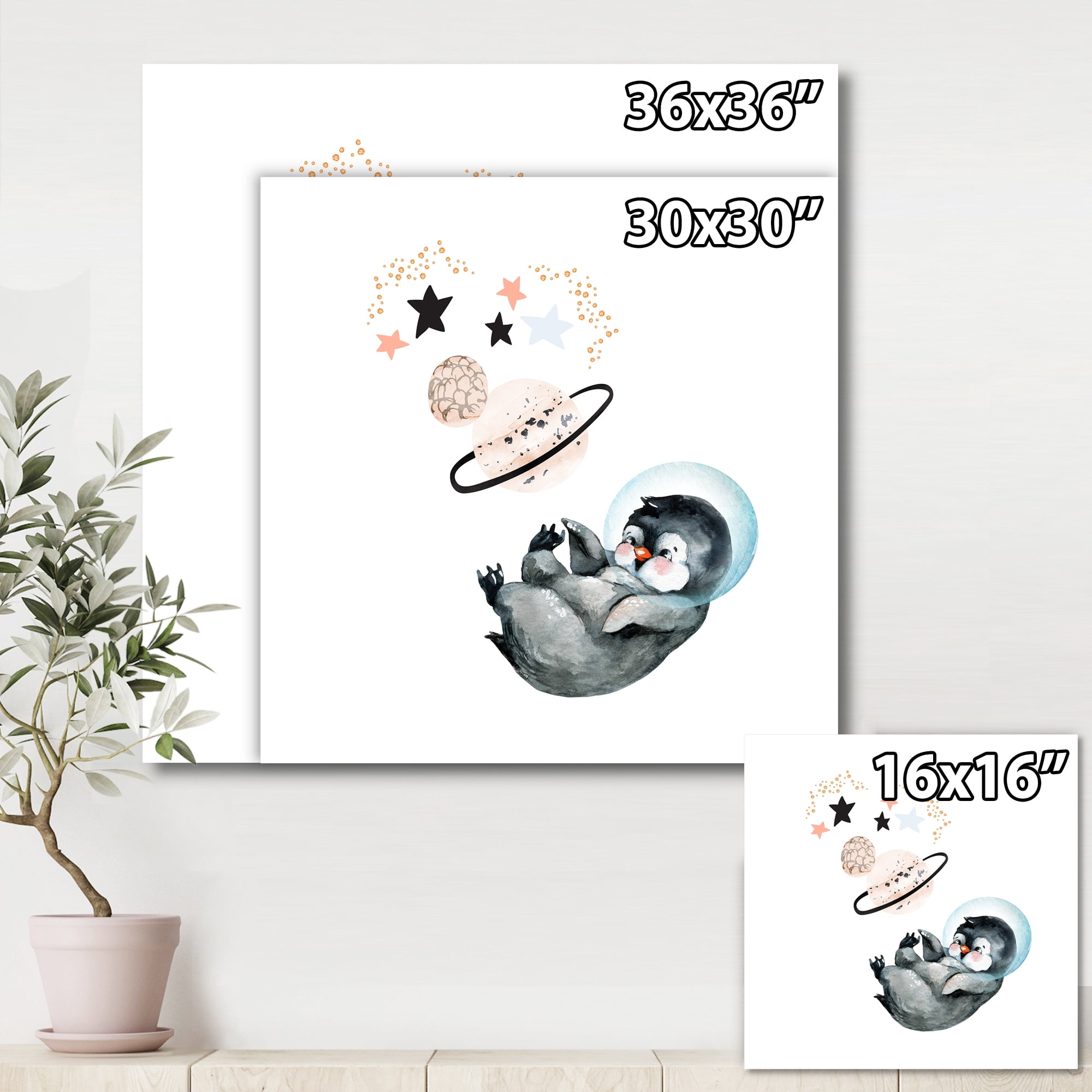 Designart ' Little Penguin With Planets and Stars I ' Farmhouse Canvas Wall Art Print