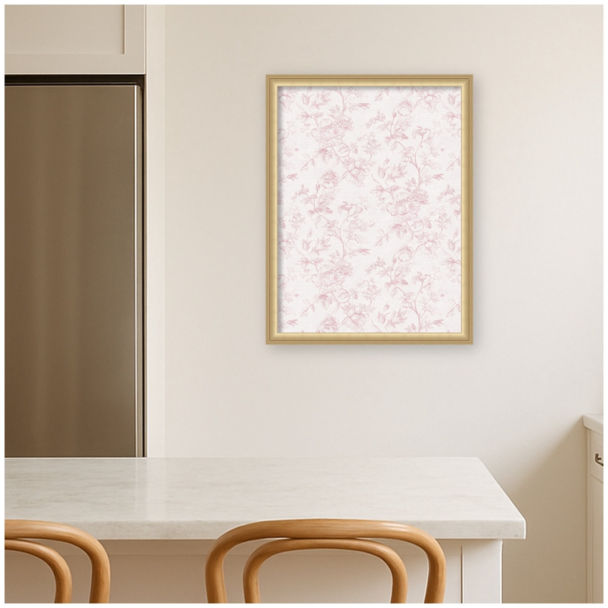 Kate and Laurel Framed Fabric Pinboard 20 x 26, Pink and White Floral Toile Printed Linen Casual Transitional Bulletin Board for Use as a Vision Board or Wall Organization, Florence Gold Frame