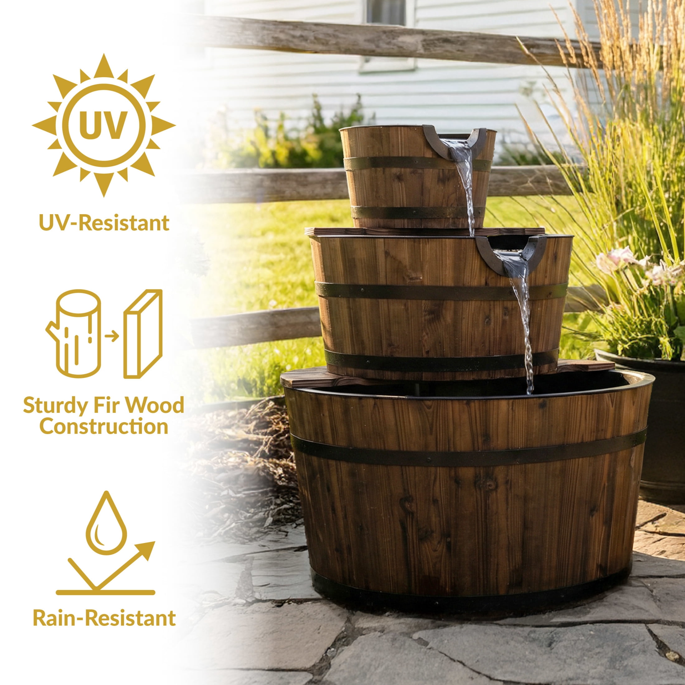 Sunnydaze Wood Barrel Brown 3-Tier Outdoor Water Fountain