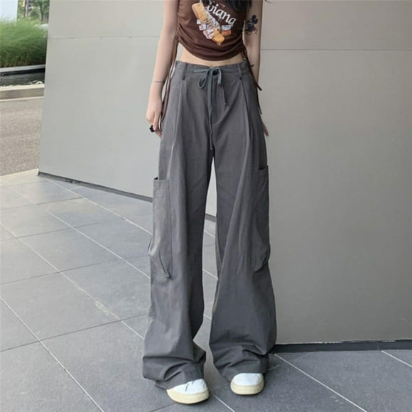 Ploknplq Women's Wide Leg Pants Baggy Cargo Pants Streetwear Hip Hop Joggers Sweatpants Drawstring Loose Wide Leg Trousers Gray 3XL