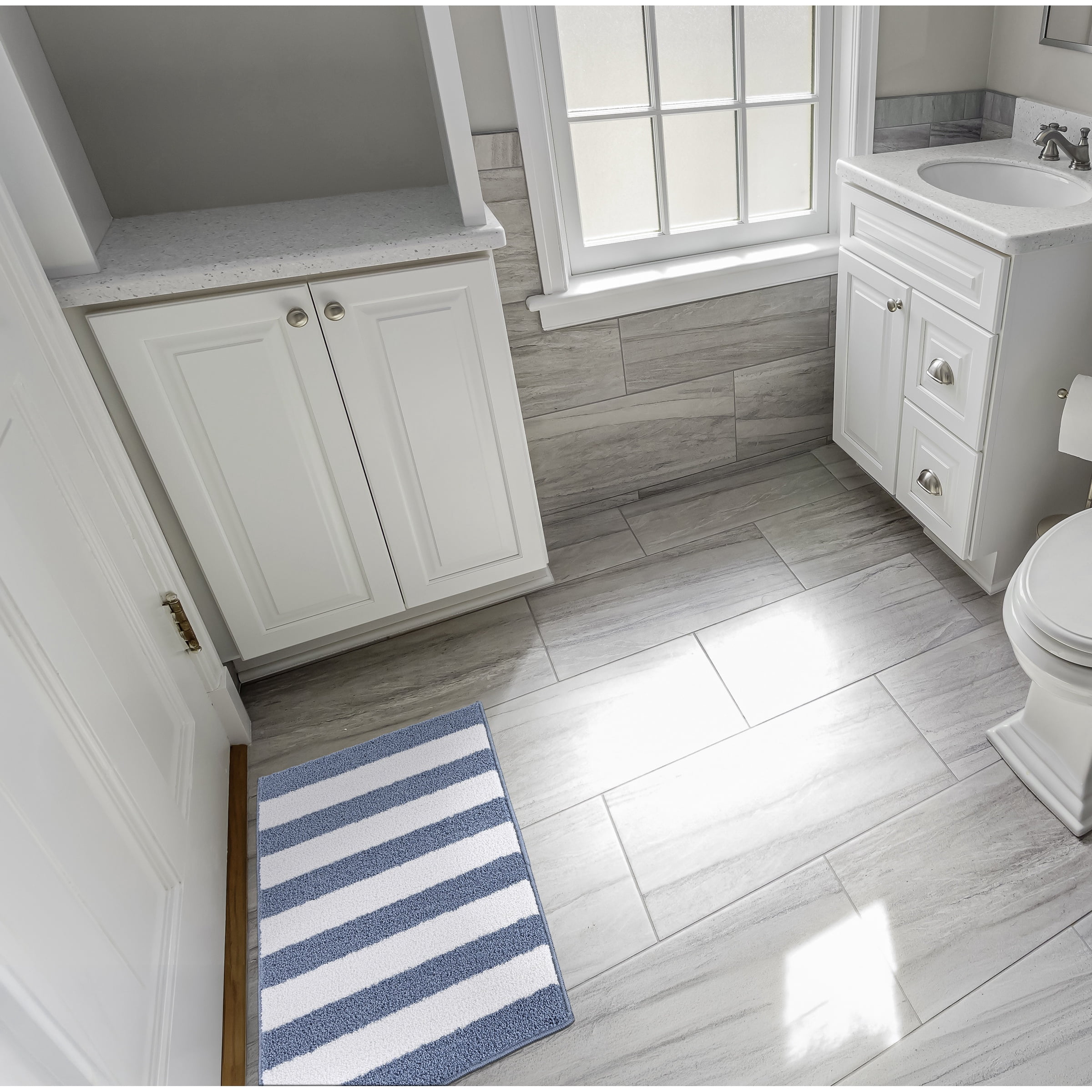 Garland Rug Beach Stripe Washable Basin Blue/White Bathroom Rug, 21" x 34"