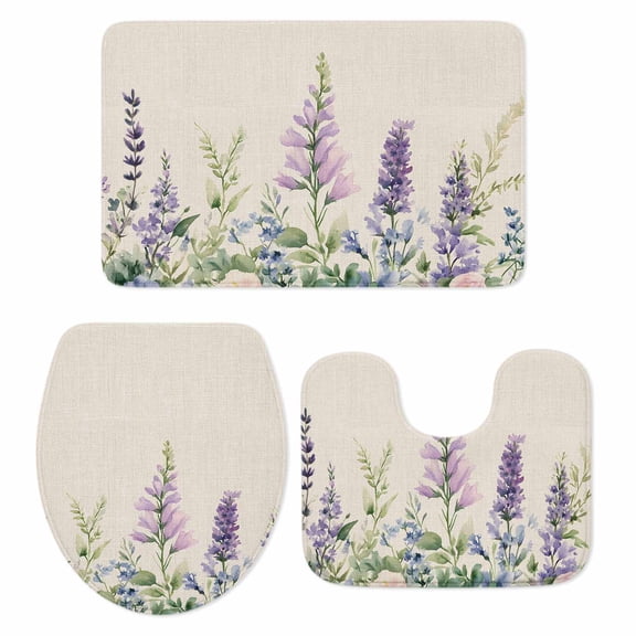 Purple Lavender Bath Mat 3 Piece Bathroom Rug Set, Botanical Blossom Motif Leaves Spring Non Slip Bath Rug Contour Mat and Toilet Lid Cover, Absorbent Shower Mats Soft Bath Rugs and Mats Sets