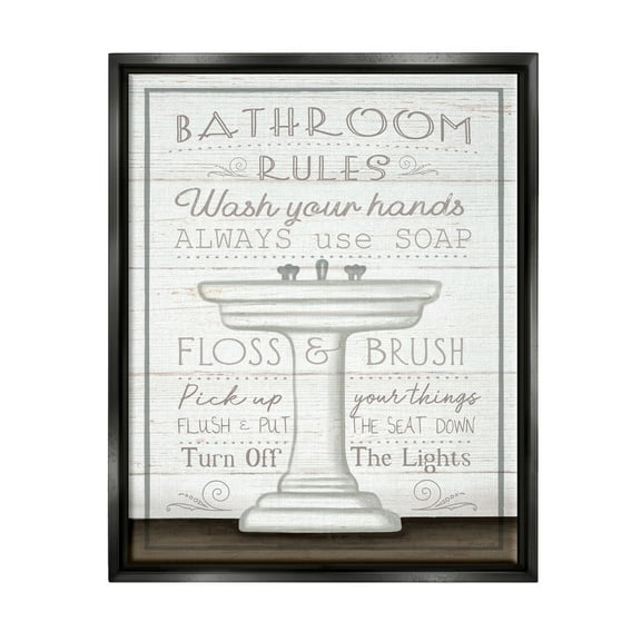 Stupell Industries Rustic Bathroom Rules Sink Typography Painting Black Floater Framed Canvas Art Print Wall Art, 17 x 21