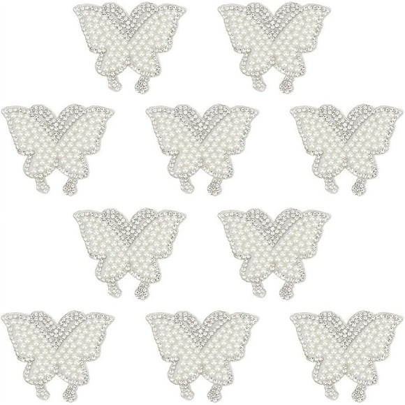 10pcs Butterfly Rhinestone Iron on Patches Fabric Stickers Sew on Patches White Pearl Iron on Patch Rhinestone Hotfix Applique for Hats Jeans Clothes Women Dress Shoes Pants Bags Decoration
