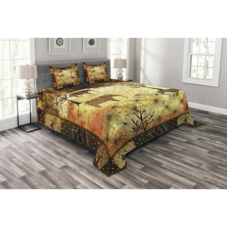Roses Quilt Pattern - African Bedspread Set, Patchwork Inspired Pattern Grunge Vintage Featured Elephants Trees Roses Print, Decorative Quilted Coverlet Set with Pillow Shams Included, Multicolor, by Ambesonne