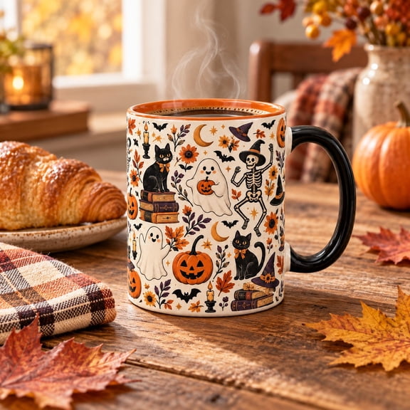 Coffee Mug Halloween Ghost, Skeleton, Black Cat and Pumpkin Pattern for Fall Drinks, Spooky Season Gift