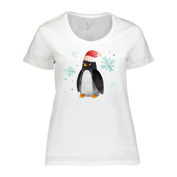 Inktastic Christmas Penguin in Red Santa Hat with Snowflakes Women's Plus Size T-Shirt