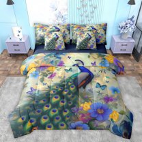 Feelyou Cartoon Peacock Women Bedding Comforter Set 7pcs, Sprint Butterfly Flower Queen Bedding Sets, Animal Theme Reversible Queen Sheet Sets, Super Cozy Room Decor