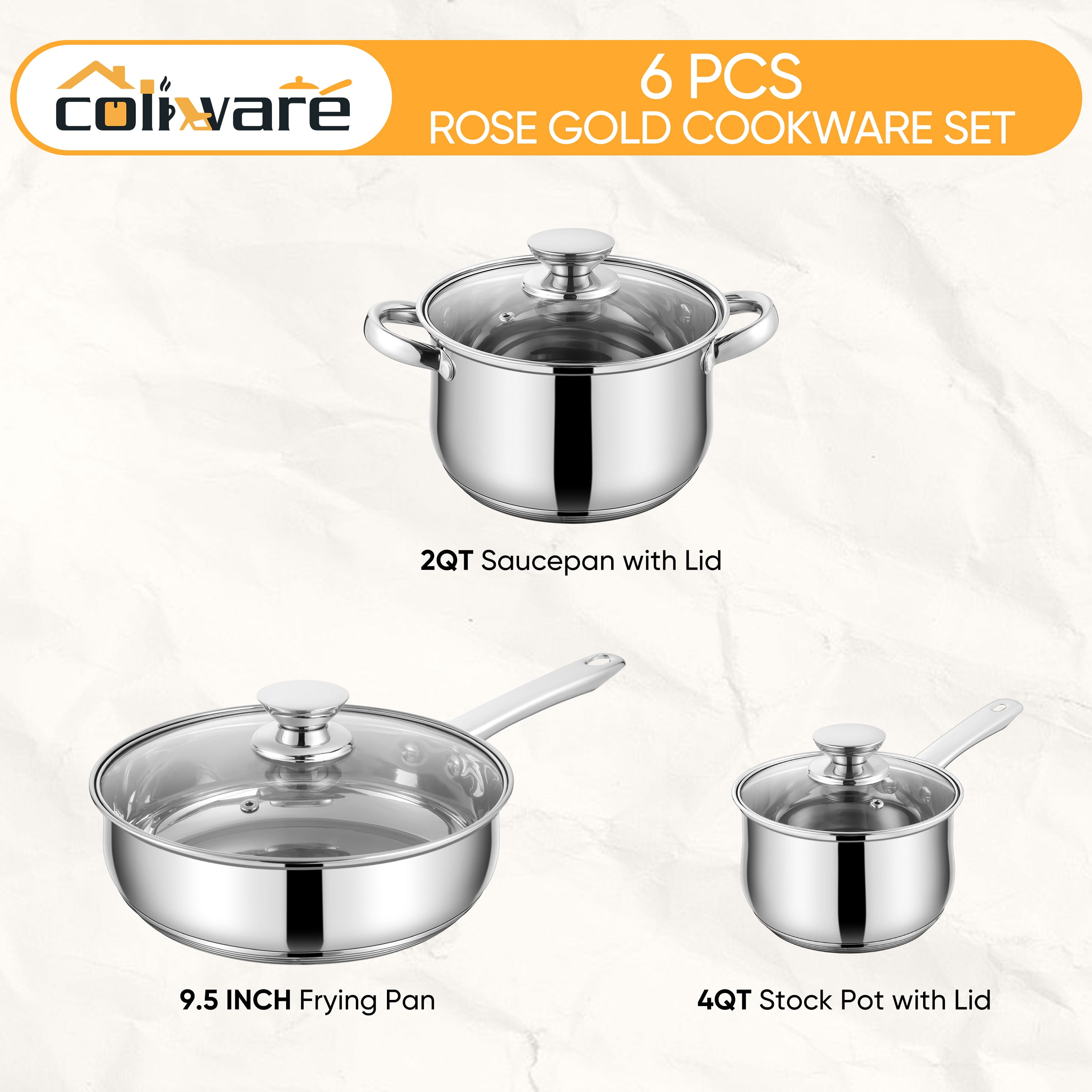 Coliware 6-Piece Pots and Pans Set, Stainless Steel Cookware Sets with Stock Pots Saucepans Frying Pans, Non-Stick Commercial Cooking Set Compatible with All Stovetops, Dishwasher Safe