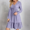 thumbnail image 2 of Yyeselk Womens Long Sleeve Casual Dresses V Neck Loose Solid Color Ruched Comfy Swing Empire Waist Ruffle Hem Flowy Knee Length Dress Purple XXL, 2 of 6