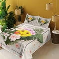 thumbnail image 2 of Emoji Sheet Set, Tropical Calm Hawaiian Themed Square Frame Plumeria Flowers Leaves, Fitted & Flat Sheet with Pillowcase Bedding Accent 4 Pcs Set, Full, Reseda Green Yellow and Blush, by Ambesonne, 2 of 5