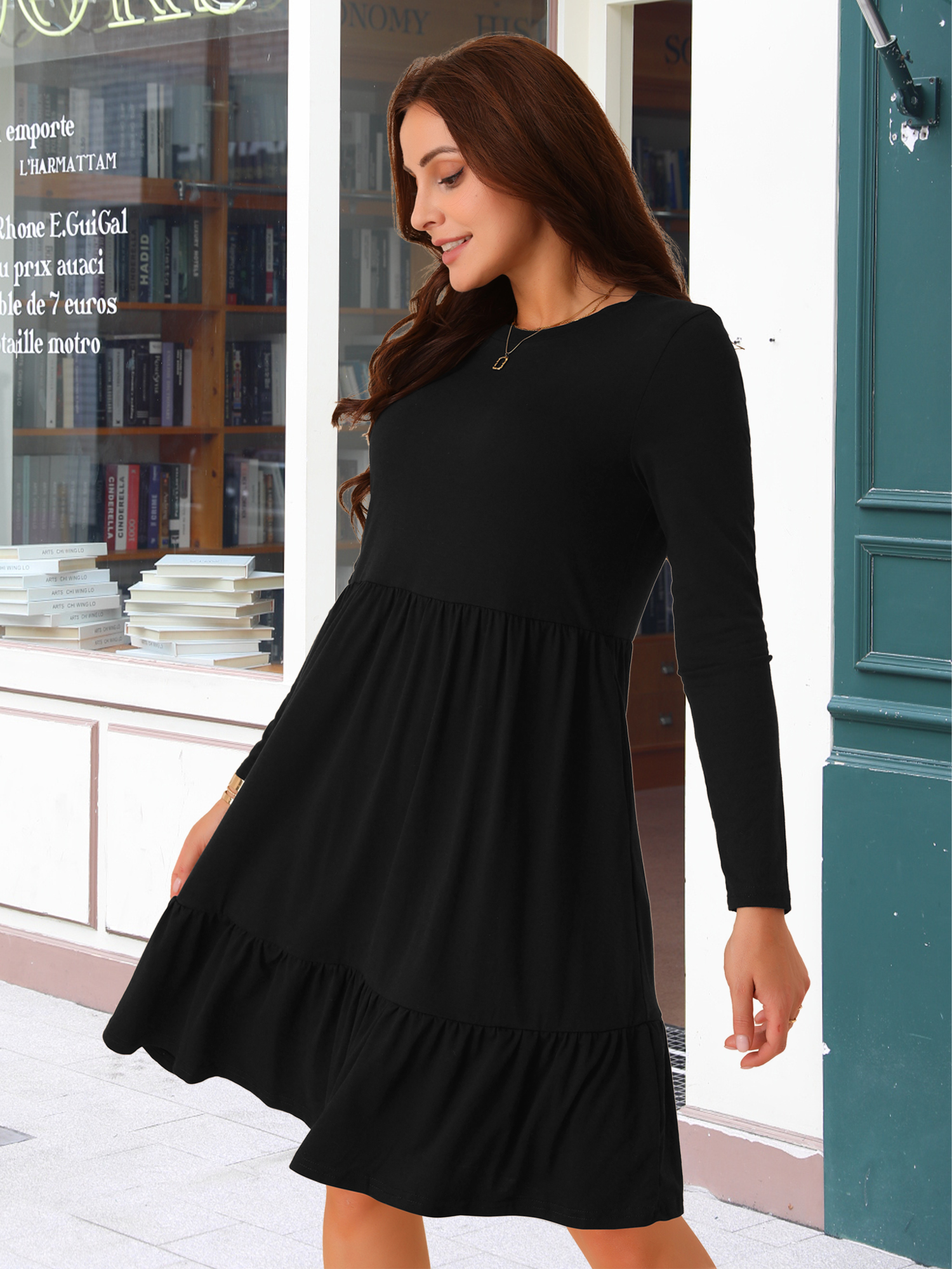 DARING DIVA Casual Long Sleeve Tiered A-Line Swing Dress S Black