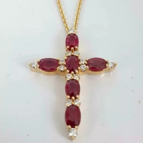 2.50Ct Lab Created Oval Cut Pink Ruby Women's Cross Pendant 14K Yellow Gold Finish