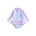 thumbnail image 1 of Traje de baño de una pieza Vigorbear para niñas pequeñas, con volantes, estampado de escamas de pescado y donas, manga larga, cuello redondo, media cremallera y volantes, 1 of 8