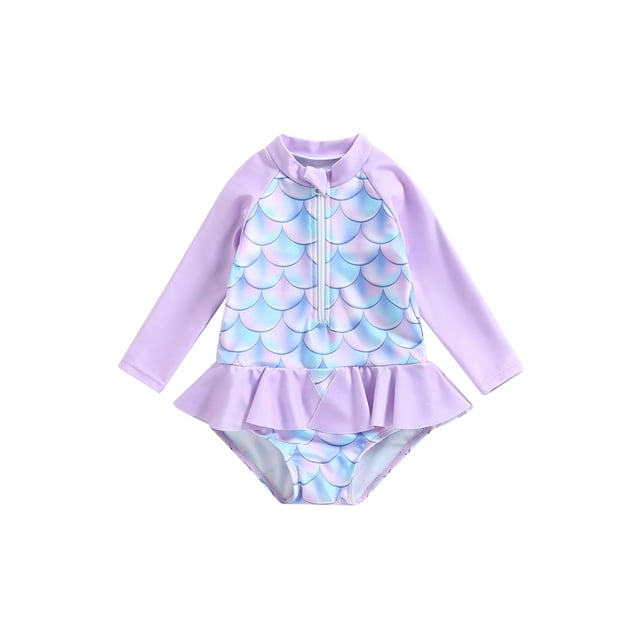 Traje de baño de una pieza Vigorbear para niñas pequeñas, con volantes, estampado de escamas de pescado y donas, manga larga, cuello redondo, media cremallera y volantes