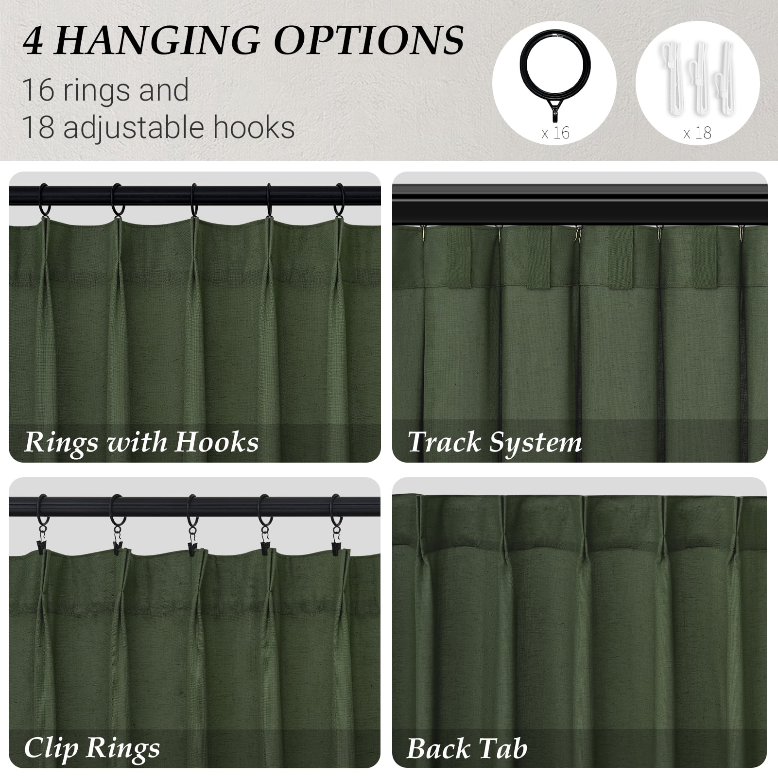 Jainmy Pinch Pleated Linen Curtains, Boho Light Filtering Living Room Bedroom Curtain,Window Treatments with Hook,Olive Green, 40x84 inch, 2 Panels