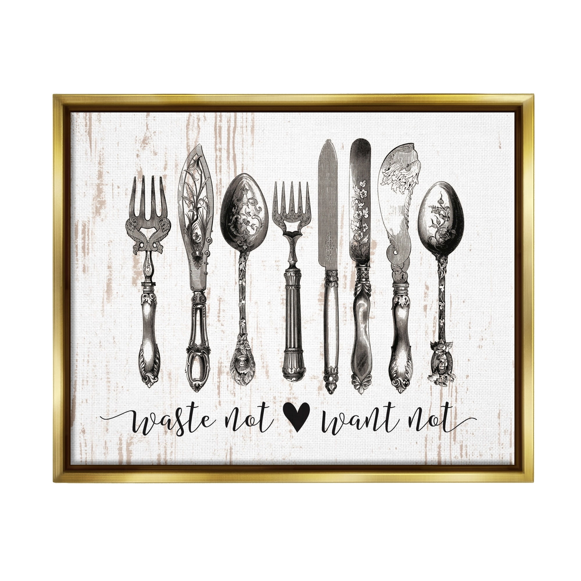 Stupell Industries Waste Not Want Not Silverware Drawing Metallic Gold Framed Floating Canvas Wall Art, 16x20, by Lettered and Lined