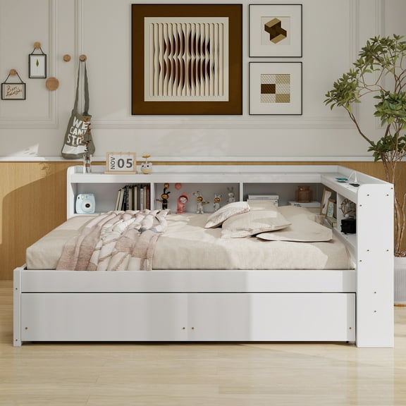 Full Size L-shaped Bookcases Bed with Power Outlets, USB Charging Ports,Two Drawers,Whtie
