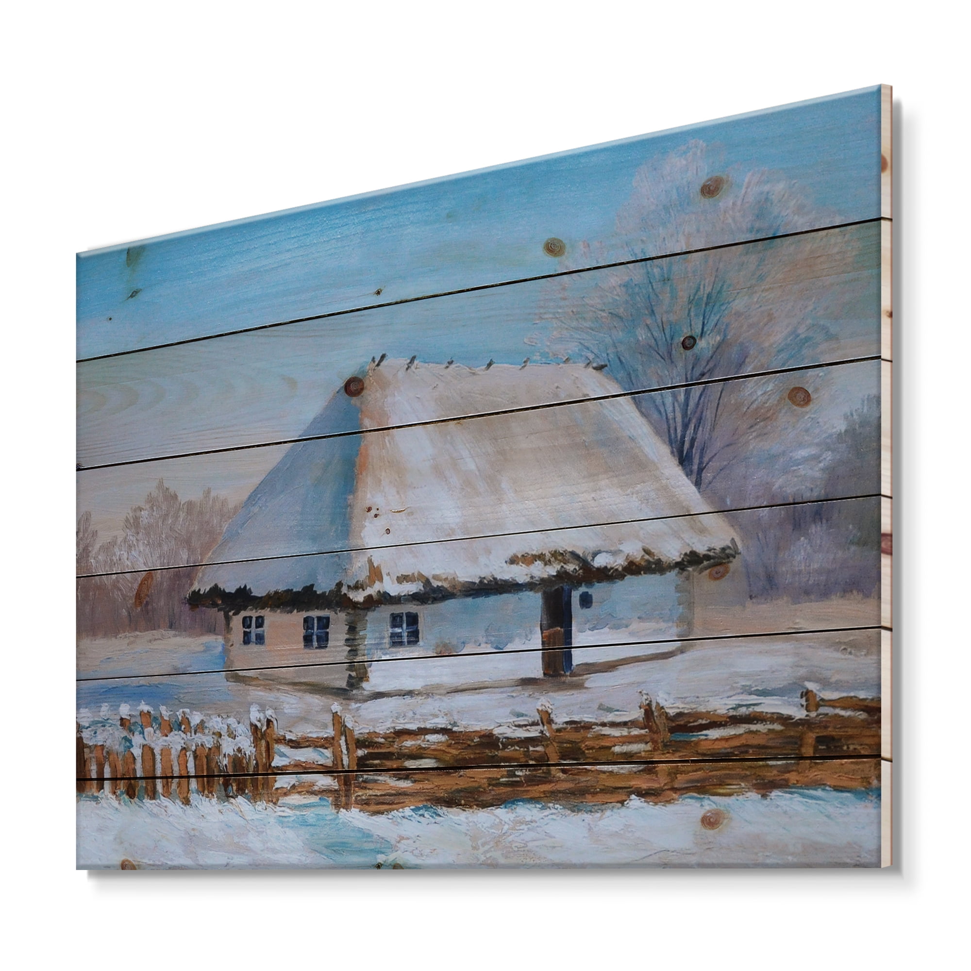 Designart 'Traditional Cottage Covered With Snow In Winter I' Traditional Print on Natural Pine Wood