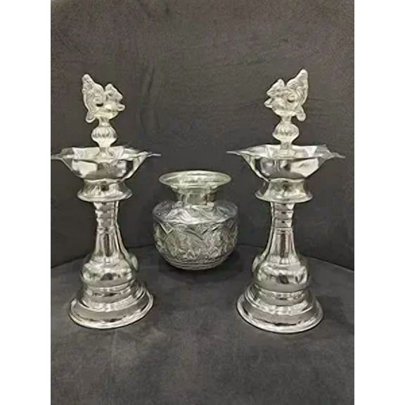 german silver peacock diya with astha lakshmi kalash for housewarming , festival, diwali