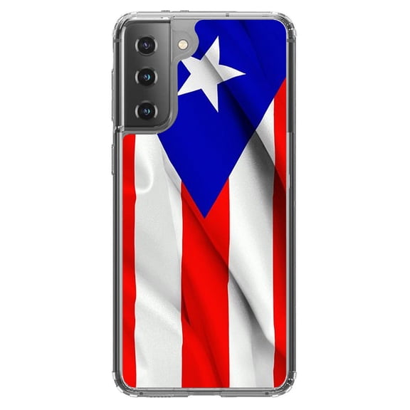 DistinctInk Clear Shockproof Hybrid Case for Galaxy S21  PLUS 5G (6.7" Screen) - TPU Bumper, Acrylic Back, Tempered Glass Screen Protector - Red White Blue Puerto Rico Flag