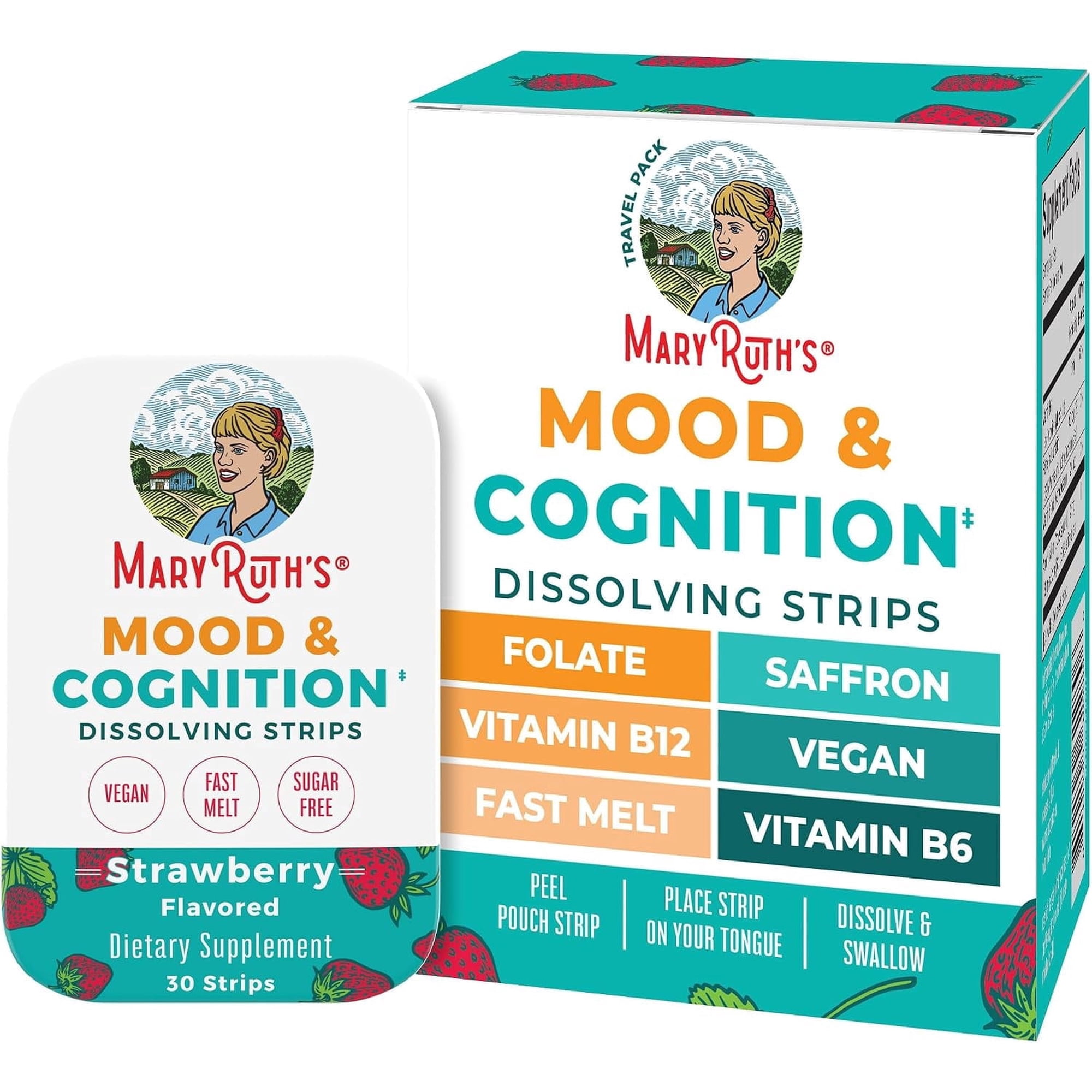 MaryRuth's Mood and Cognition Dissolving Strips, Saffron, Folate, B Vitamins, Sugar Free, Vegan, Gluten Free, Strawberry Flavor, 30 Count