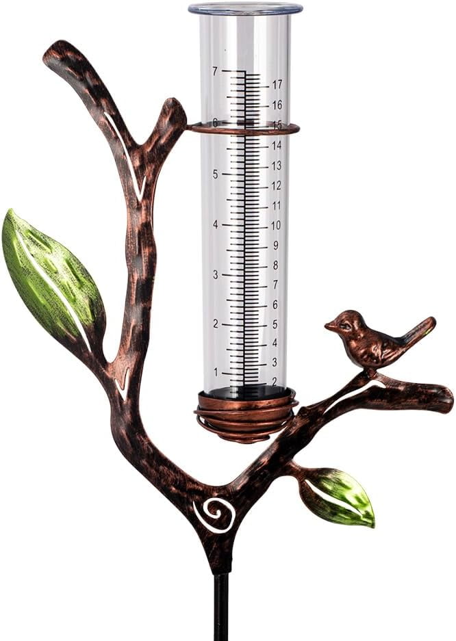 HRTGFD-Rain Gauge Outdoor, Metal Rain Gauge with Stake, 7 Inch Tube Rain Measure Gauge, Decorative Branch Rain Measure Tool for Garden, Lawn, Patio