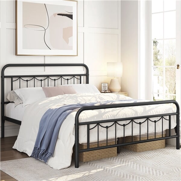 FASCK  Queen Size Metal Bed Frames with Vintage Headboard and Footboard, Farmhouse Metal Platform Bed, Heavy Duty Steel Slat Support, Ample Under-Bed Storage, No Box Spring Needed, Black
