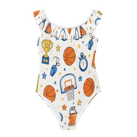 Girls Ruffled One Piece Swimsuit Summer Beach Vacation Swimwear Tank Swimsuit Basketball-themed Decorative Patterns