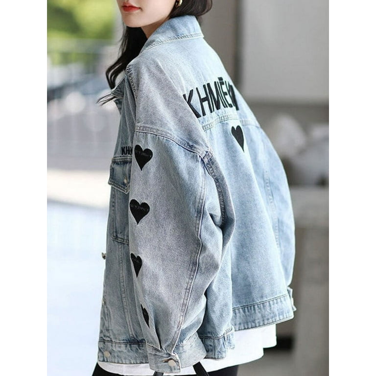 DanceeMangoo Spring New Letter Embroidery Gradient Denim Jacket Women's  Retro Korean Street Loose Jean Coat All-match Top Trendy Outwear