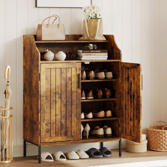 Modern 5-Tier Wooden Shoe Storage Cabinet with Doors – Freestanding Space-Saving Shoe Rack Organizer – 3 Adjustable Shelves – Entryway, Hallway, Closet – Tiger Stripe