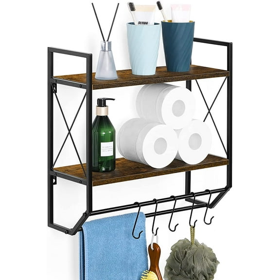 Bathroom Wall Shelf Wall-Mounted Industrial 2-Tier Wooden Bathroom Towel Rack with Towel Bar, 5 Metal Hooks Toilet Storage Shelf for Kitchen, Bathroom, Brown