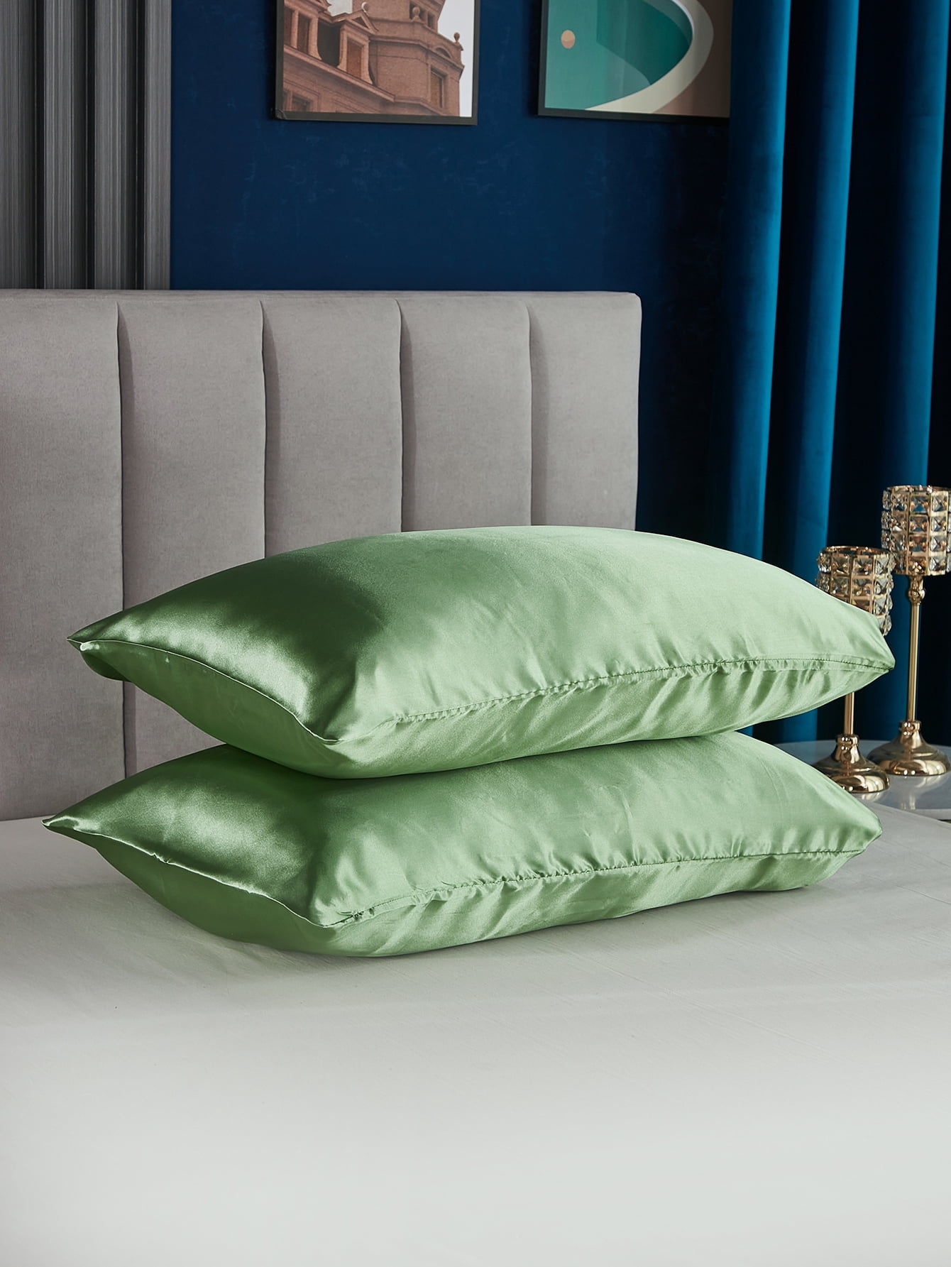Move Over Grass Green Satin Pillowcases King, Silk like Satin Pillow Cover Set of 2, Silky Microfiber Solid Pattern, 2 Pack