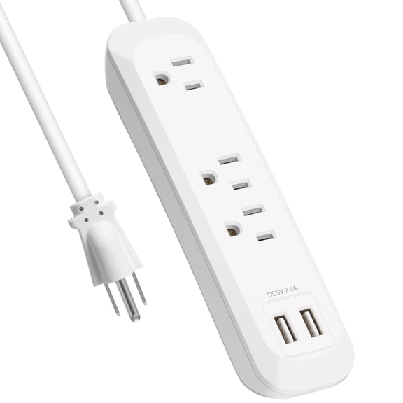 2 Pack Power Strip Surge Protector with USB Ports, White Extension Cord 6 Feet 3 Prong, 3 outlets, 1 usb C and A Port, 1250W/10A, Wall Mountable, Surge Protector 300J for Home Office, SGS Approved