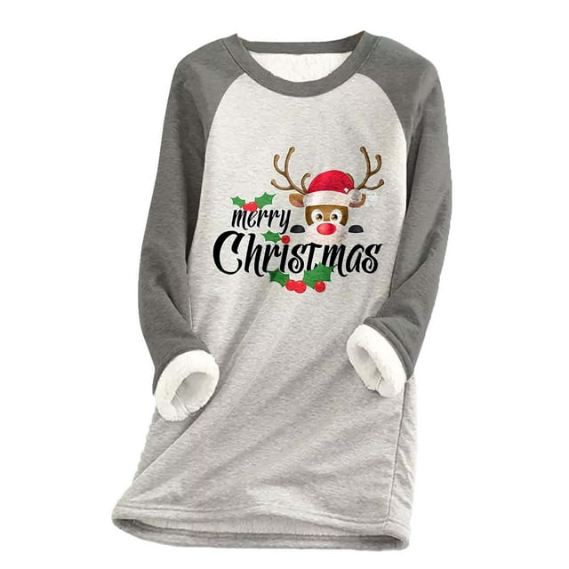 Tenues d'Hiver pour Femmes 2023 Tendance Col Rond Imprimé de Noël Léopard Patchwork Velours Chaud Manches Longues Hauts Décontractés Tenues d'Hiver pour Femmes en Liquidation