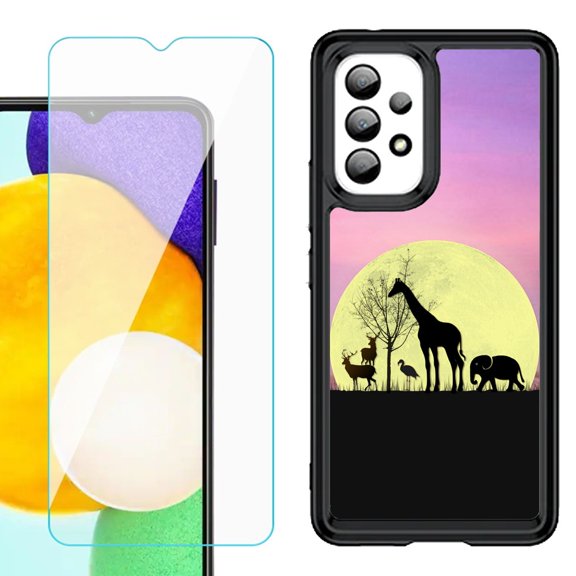 Shockproof Bumper (Black Frame) phone Case for Samsung Galaxy A23 5G, with Tempered Glass Screen Protector, by OneToughShield ® - Moonlight Safari