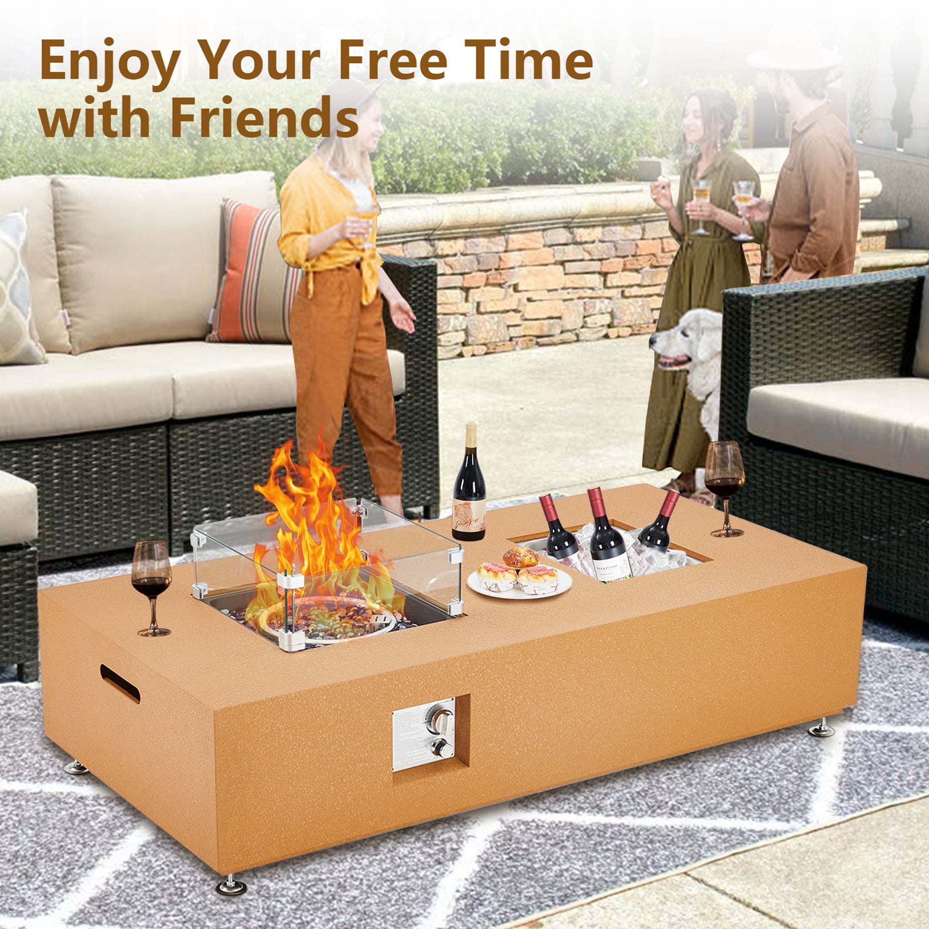 Adoolla 56" Patio Propane Fire Pit Dining Table with Ice Bucket, Wind Guard & Rain Cover