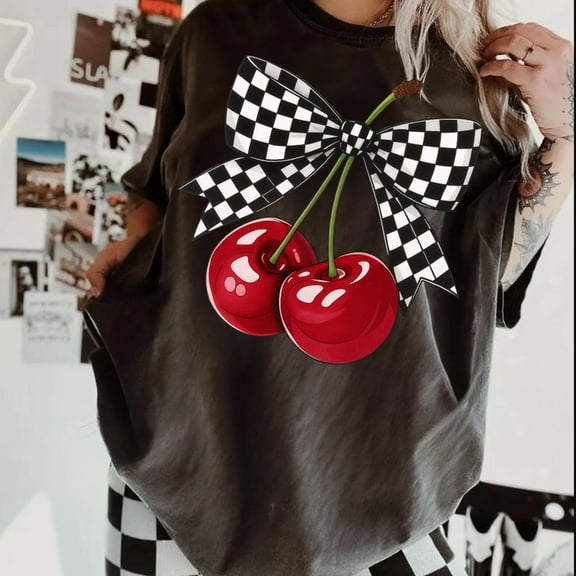 Cherry Bow T-Shirt, Retro Checker Fruit Tee, Cute Girly Aesthetic Shirt, Red Cherry Sublimation Graphic for Summer or Everyday Wear