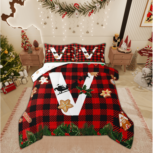 Manfei Christmas Monogrammed V Full Size Comforter Sets, Cartoon Gingerbread Man Bedding Comforter Set, Teens Kids Child Reversible Bedding Sets, Breathable Home Decor, 3pcs