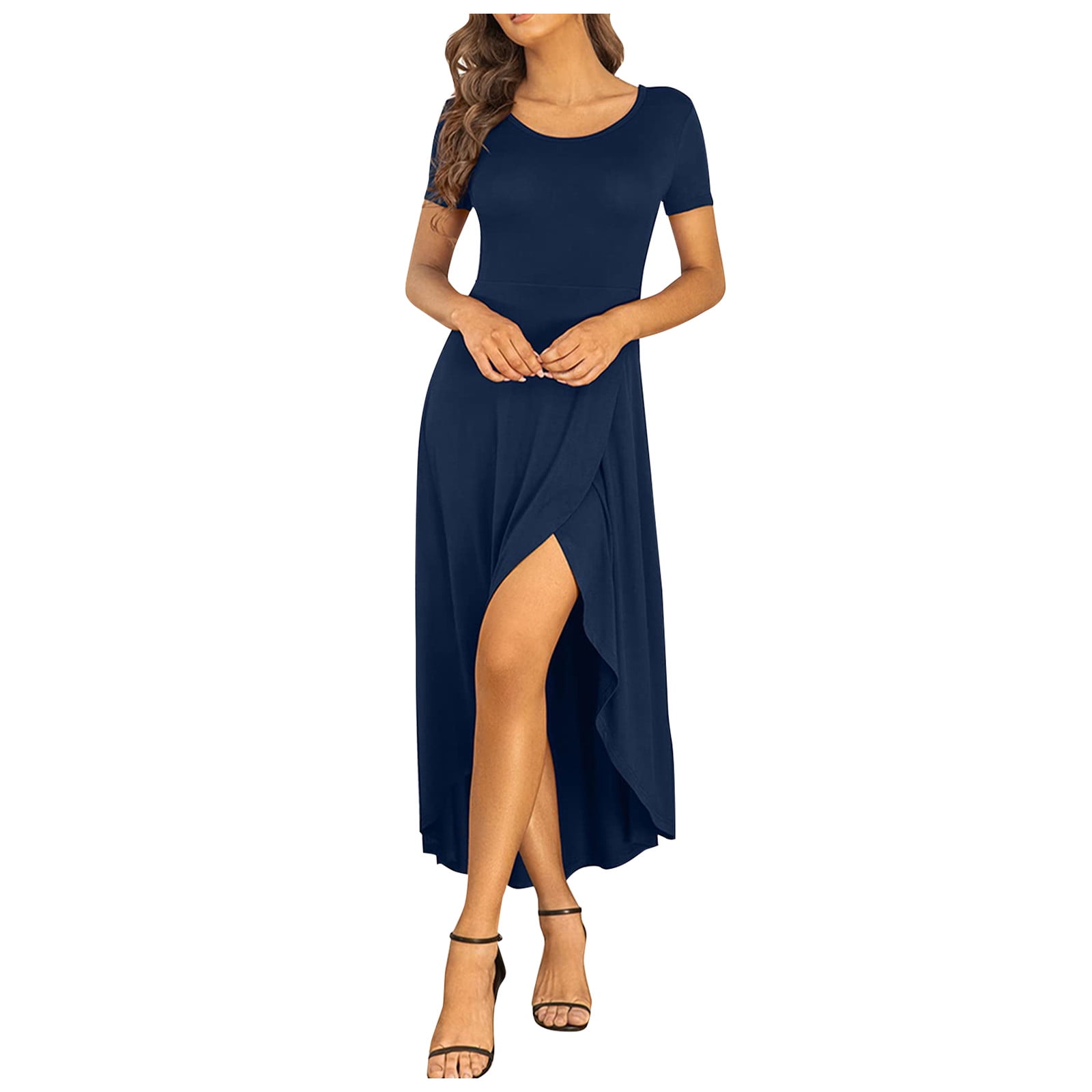HSMQHJWE Navy Blue Dress Wedding Guest Plus Size Dress Women Party Summer  Long Flowy High Low Dress - Walmart.com