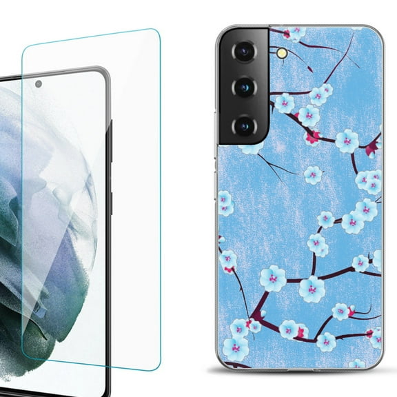 Slim-Fit Fashion Gel Phone Case for Samsung Galaxy S22  5G / S22 Plus 5G, with Tempered Glass Screen Protector, by OneToughShield ® - Blossom Sky