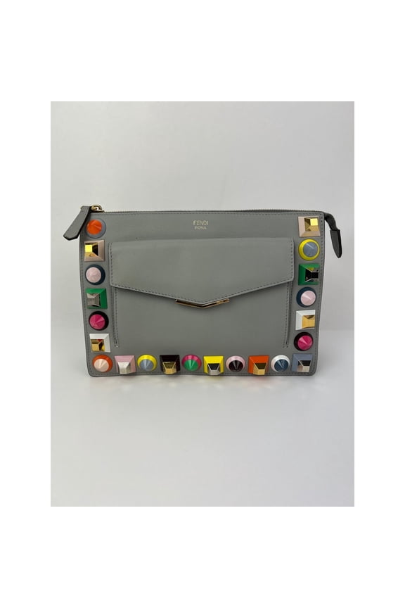 Pre-Owned Fendi Rainbow Studs Gray Leather Crossbody Bag